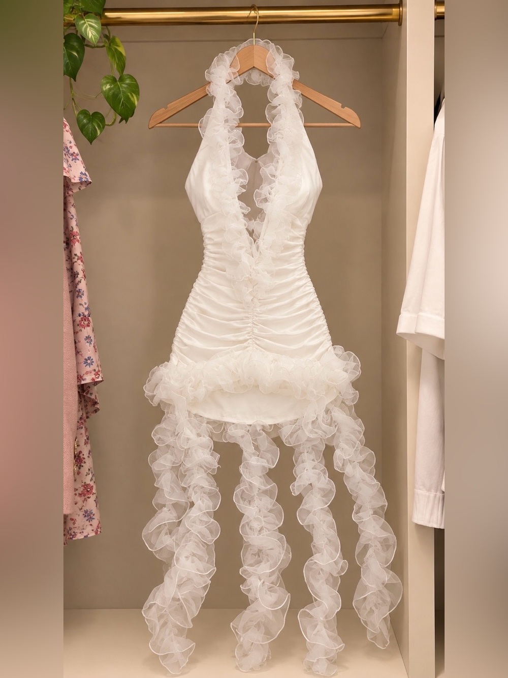 White Ruffled Halter Mini Dress with Cascading Organza Trims